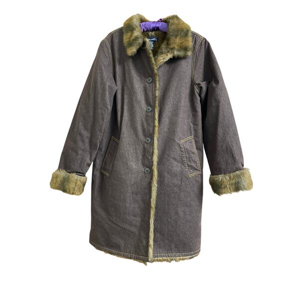 Denim & Co. 90’S Dark Denim & Faux Fur Trim Coat size Medium - Picture 10 of 13